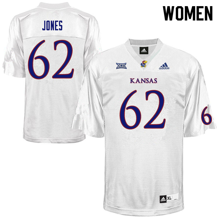 Women #62 Garrett Jones Kansas Jayhawks College Football Jerseys Sale-White - Click Image to Close